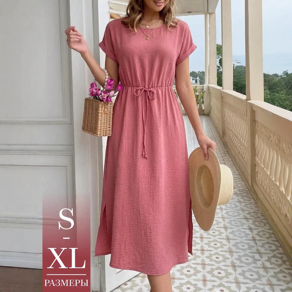 women's crinkle textured round neck drawstring waist short sleeve side split midi sundress summer casual beach dress