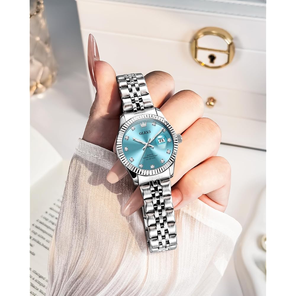 OLEVS Women's Fashion Dress Watch Analog Quartz Waterproof Stainless Steel Two-Tone Silver Strap Blue Dial