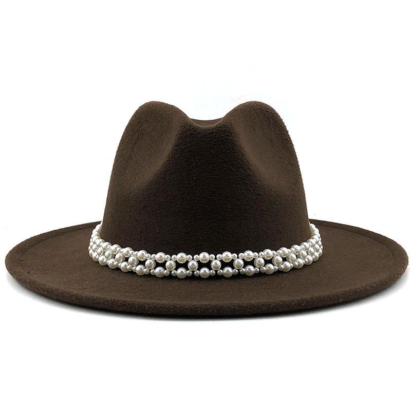 Woolen Hat Elegant Fashion Pearl Woolen Hat British Style Jazz Hat Big Brim Hat Women's Autumn and Winter Top Hat