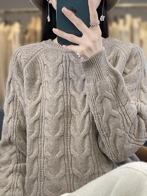 Women's Twisted Cable Knit Wool Sweater - Round Neck, Slim & Loose Fit, Autumn/Winter Pullover