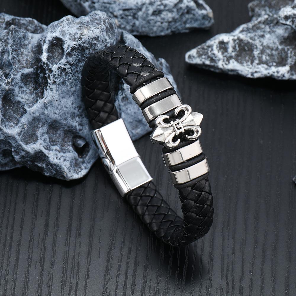 Minimalist Mens Leather Bracelet Double Anchor Head Titanium Steel Dark Magnetic Clasp Cuff Stylish Durable