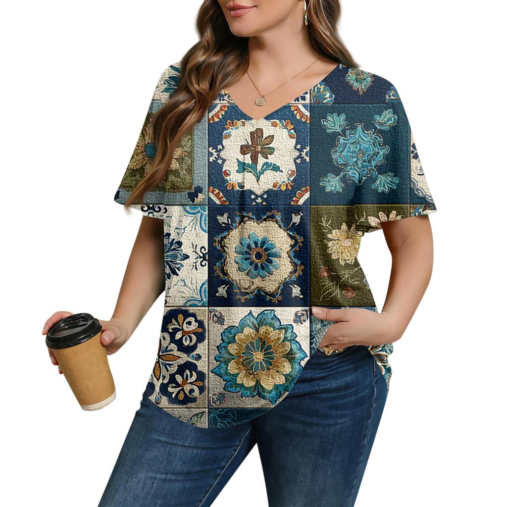Women's Plus Size Fashionable Casual Loose-Fit Short Sleeve Elegant V Neck Blouse For Work