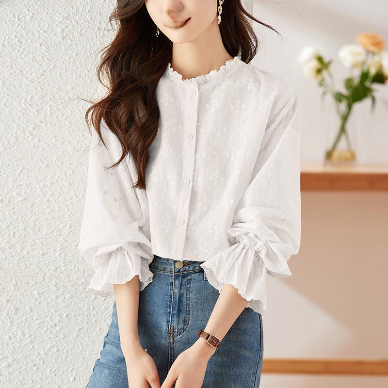 Apricot Embroidered Women's Long Sleeve Cotton Shirt with Lace Collar for Spring & Autumn 2025