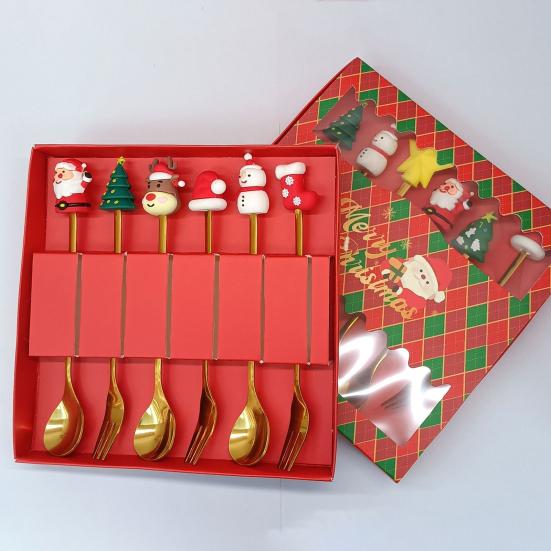 Nerezová vánoční sada lžiček s motivem stromku, Santa Clause a hvězdy, lžičky na míchání kávy, slavnostní kuchyňské náčiní s dárkovou krabičkou