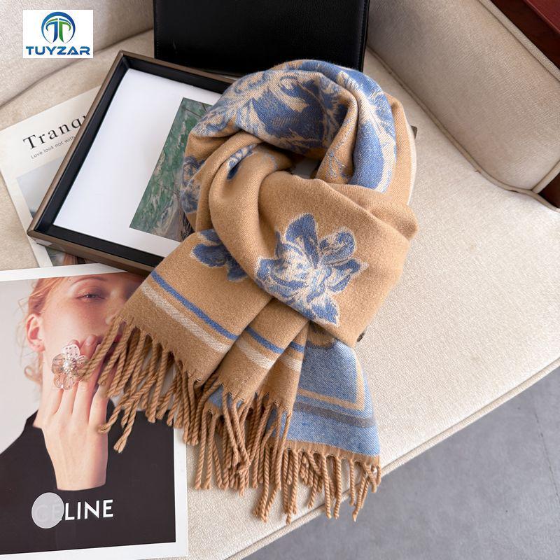 

Elegant Ethnic-Style Double-Sided Cashmere Feel Scarf for Women - Warm, Thick Autumn Winter Snood Shawl 200cm with Tassels