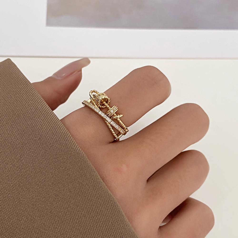 New Luxury Zircon Inlaid Ring Multiple Layers Cross Rotation Adjustable Couple Opening Rings for Women Men Finger Jewelry Gifts