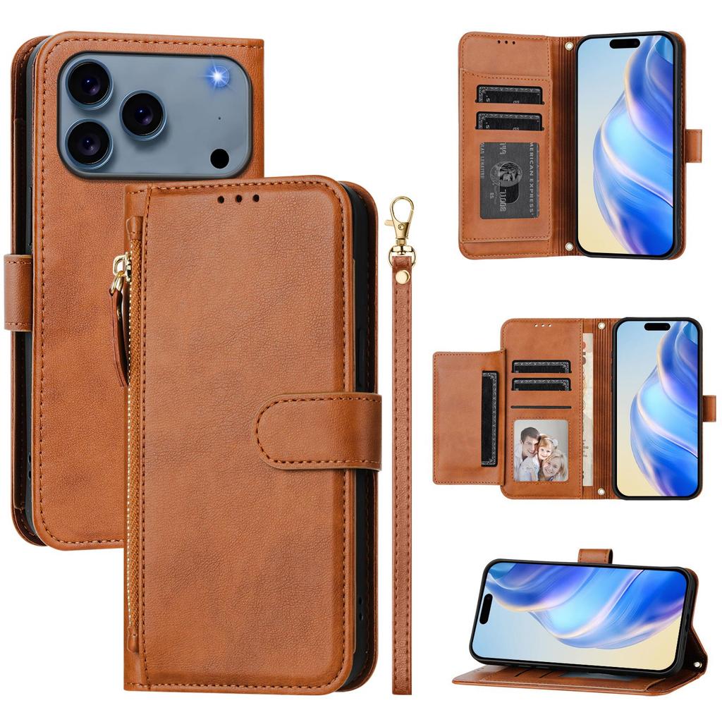 For iPhone 17 Pro Max Case Zipper Pocket Multiple Card Slots Leather Phone Cover