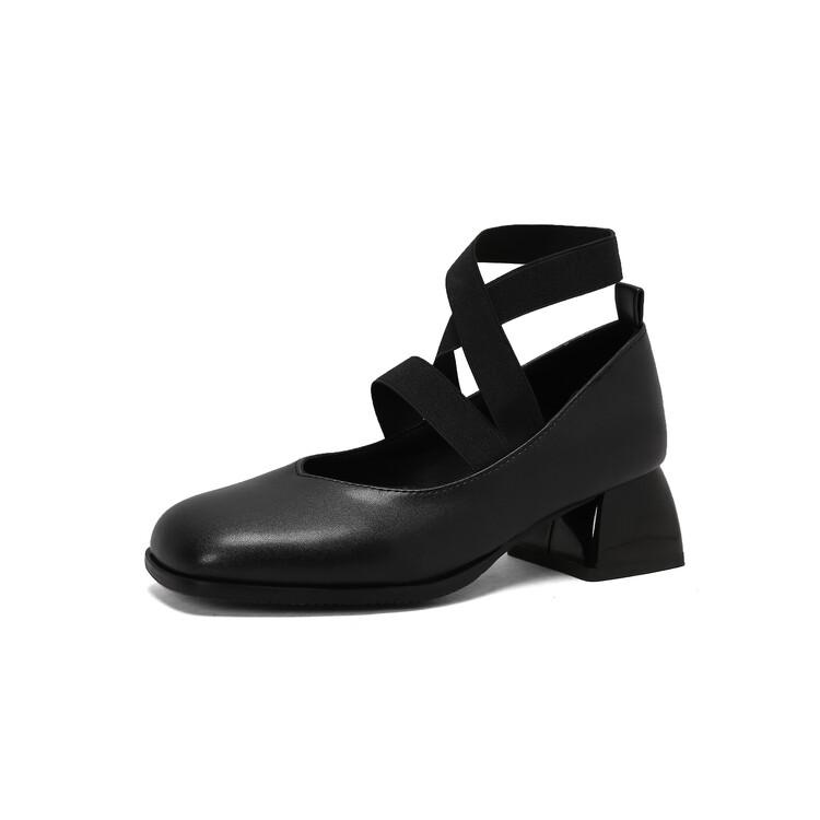 Fashion Autumn 4.5cm Comfortable Mid Heel Elastic Strap Single Shoes Solid Color Square Toe Shallow Mouth Casual Commuting Women Shoe 48