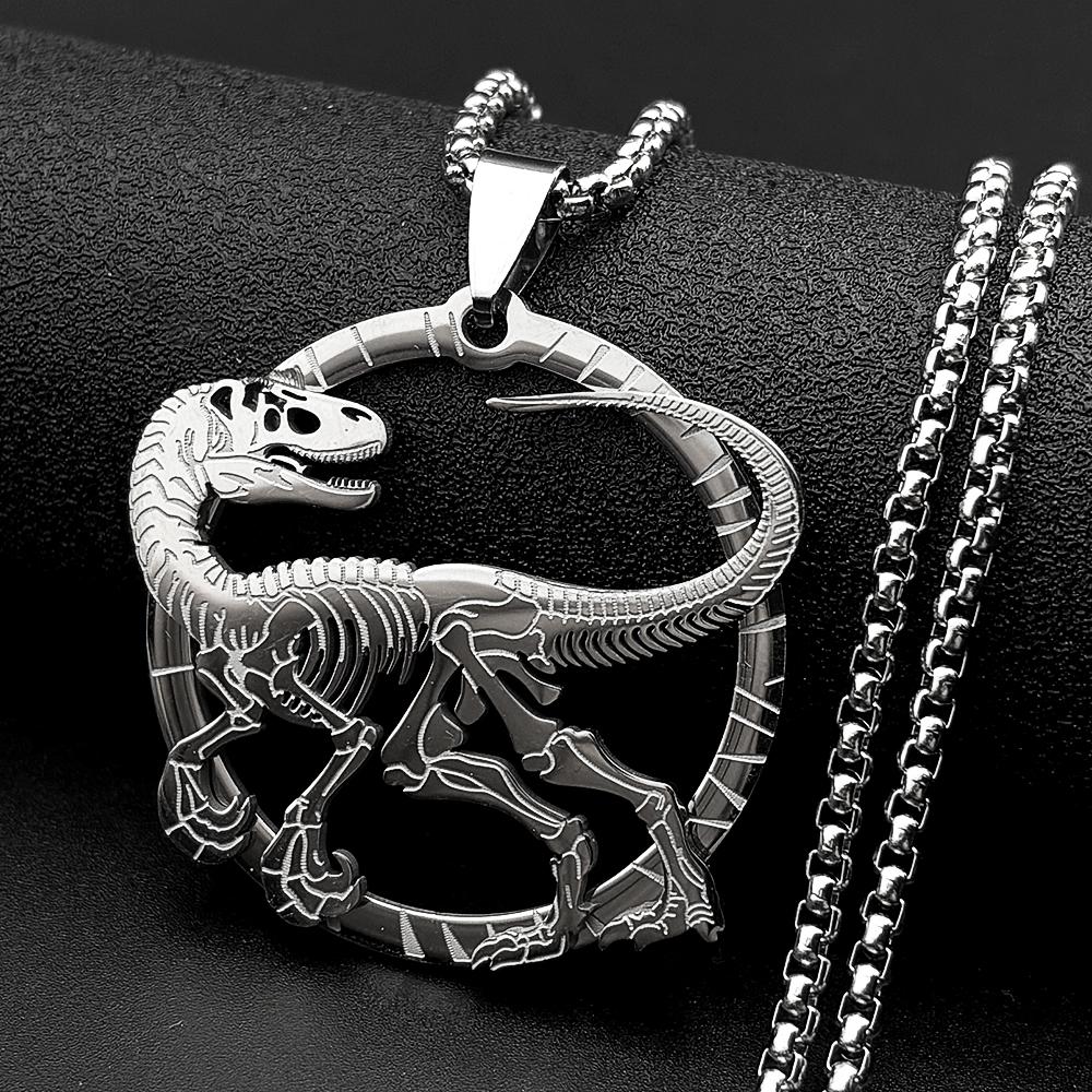 Collana Ciondolo Scheletro di Dinosauro Velociraptor per Donne Uomini Acciaio Inossidabile Colore Oro Animale Hip Hop Maschile Catena a Scatola Gioielli