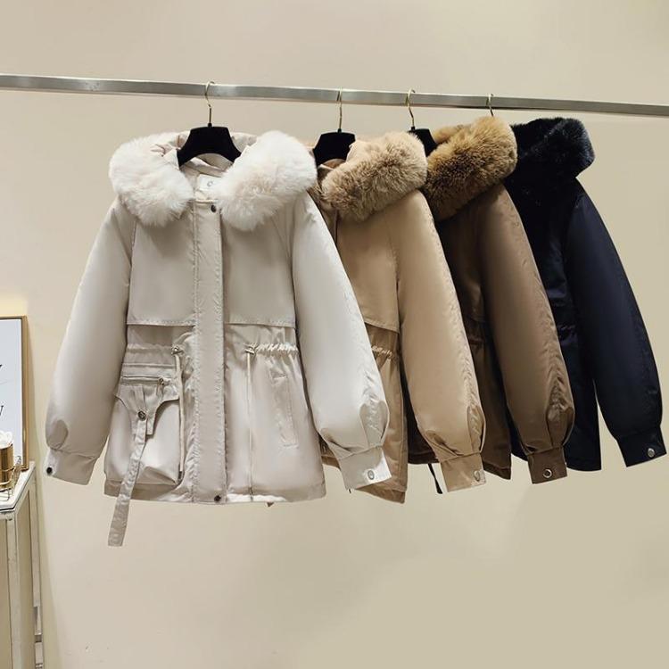 Women Warm Chic Parka Coat Autumn Winter Long Sleeve Solid Color Fur Collar Hooded Drawstring