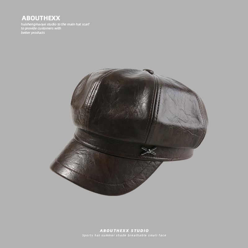 Hat Women's Face-showing Small PU Leather Octagonal Hat New Navy Beret British Retro All Match Newsboy Hat