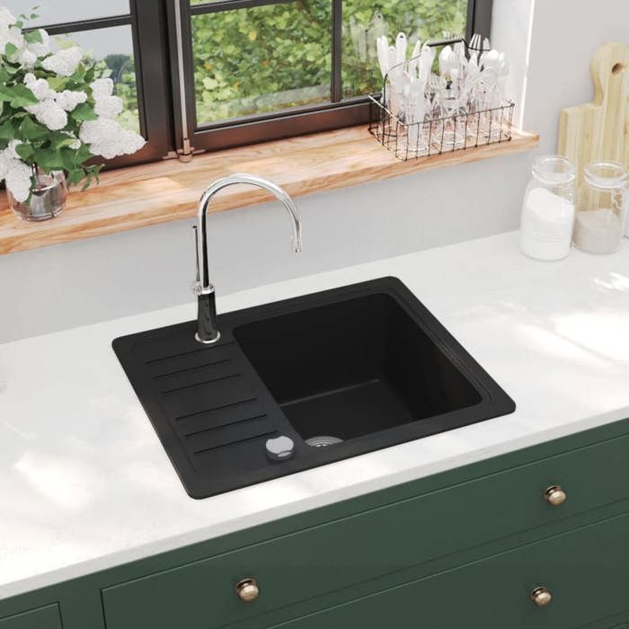 VidaXL Évier de Cuisine en Granit Bac Unique Noir Décoration Cuisine Maison 142952