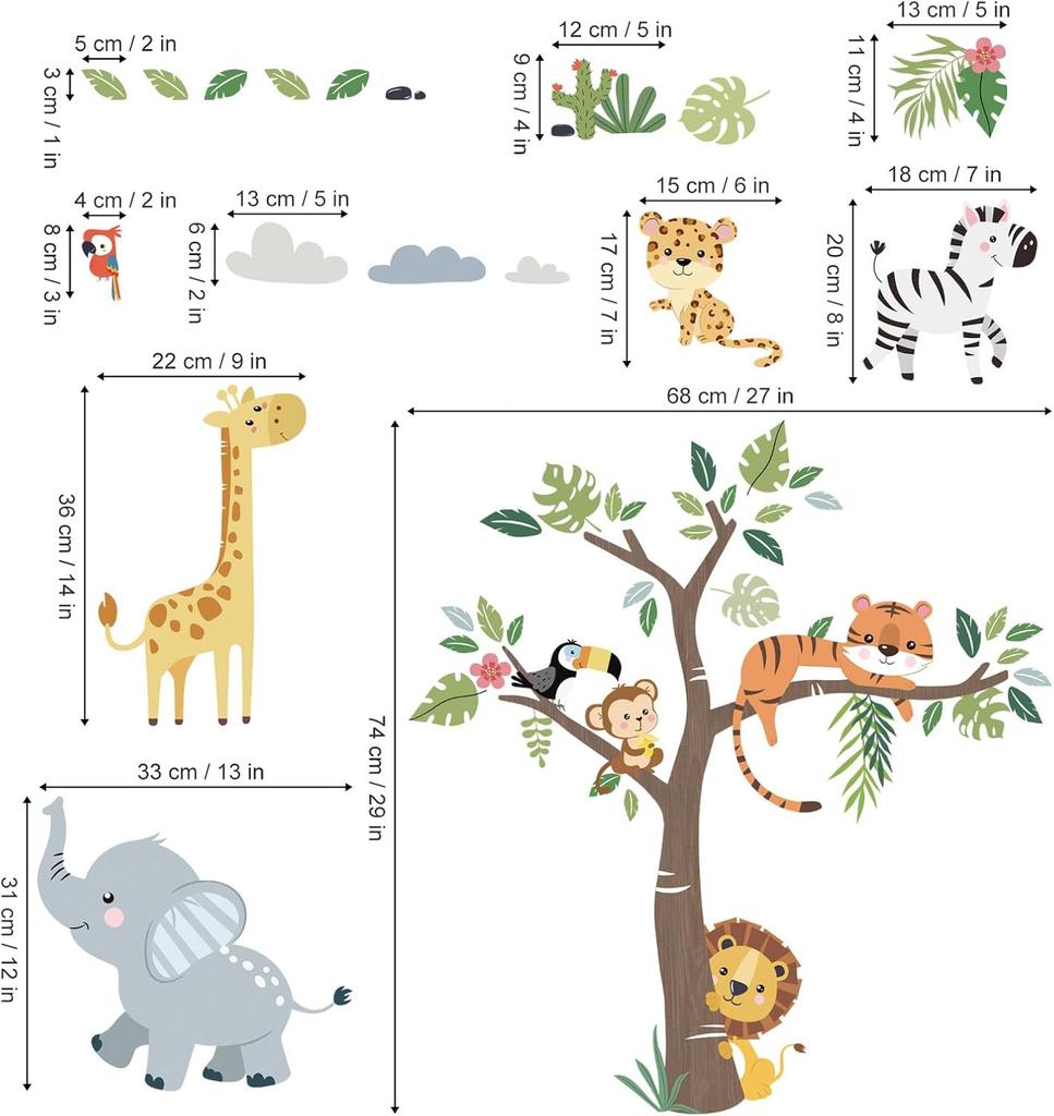 Jungle Animals Tree Wall Decals - Elephant Giraffe Lion Safari Stickers For Kids Room