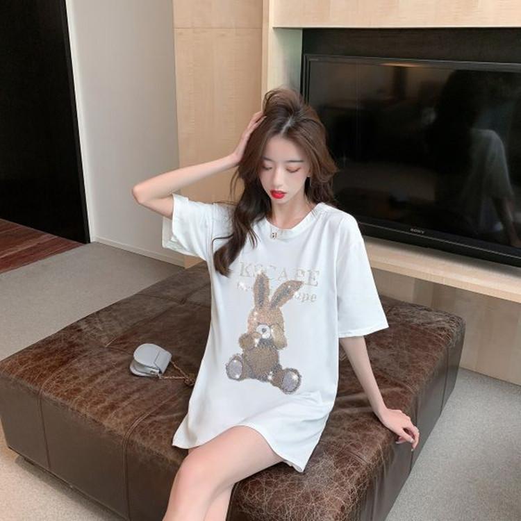 Heavy Industry Cartoon Rabbit Ironing Diamond Short Sleeve Large T-shirt Summer Medium-Length Loose Top for Women