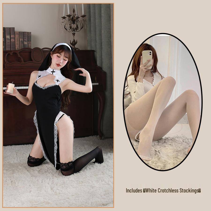 Golden Night Lingerie: Sexy Hollow Out Nun Role-Play Nightgown With Slit