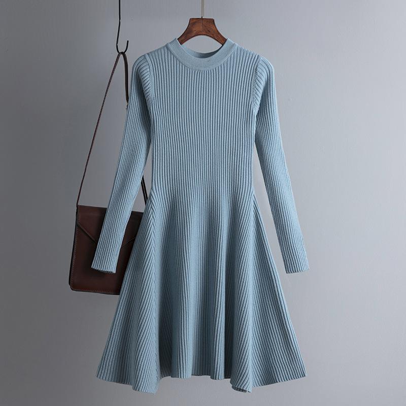 Abito corto in maglia lavorato a maglia da donna, manica lunga casual, o collo, vita alta, fondo sottile, per il tempo libero, nero blu marrone albicocca