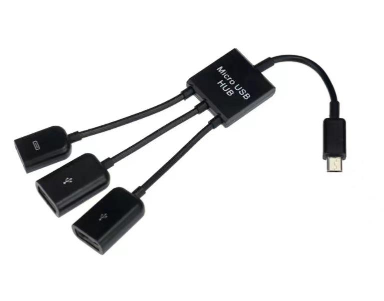 Micro USB OTG Hub Expansion Dock: One-to-Three Splitter with Power Supply for Mobile and Tablet.