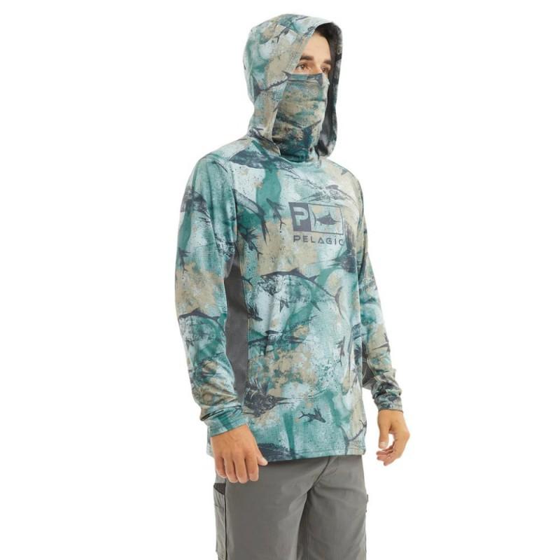 Mens Quick-Dry UV Protection Fishing Hoodie With Face Cover Long Sleeve Camo Outdoor Sport Shirt Hiking Camping
