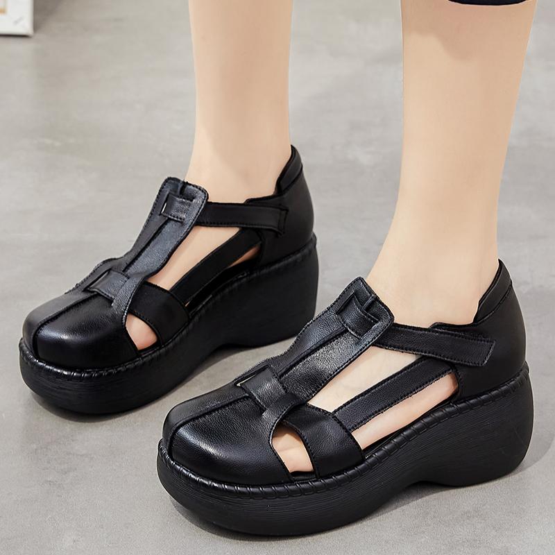 Fashion GKTINOO Woman Sandals Summer Wedge Sandals Casual Cutout Genuine Leather Women Shoes Female Ladies Platform Retro Sandalias