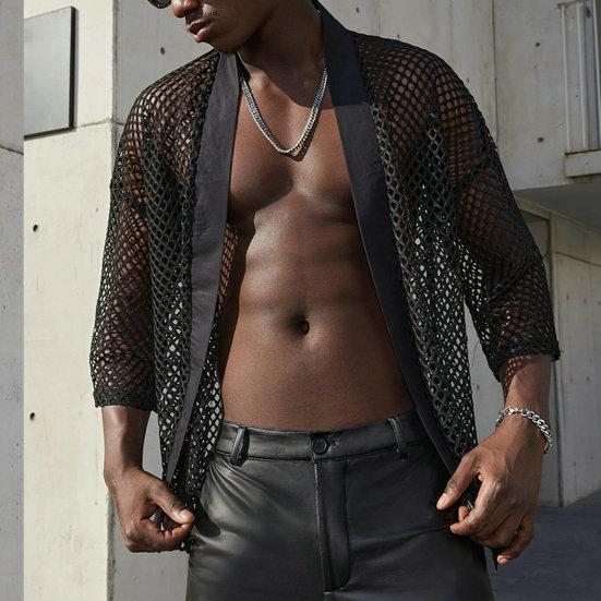 Men Club Shirt Hollow Out Mesh Cardigan Three Quarter Sleeve Thin Clubwear See-through