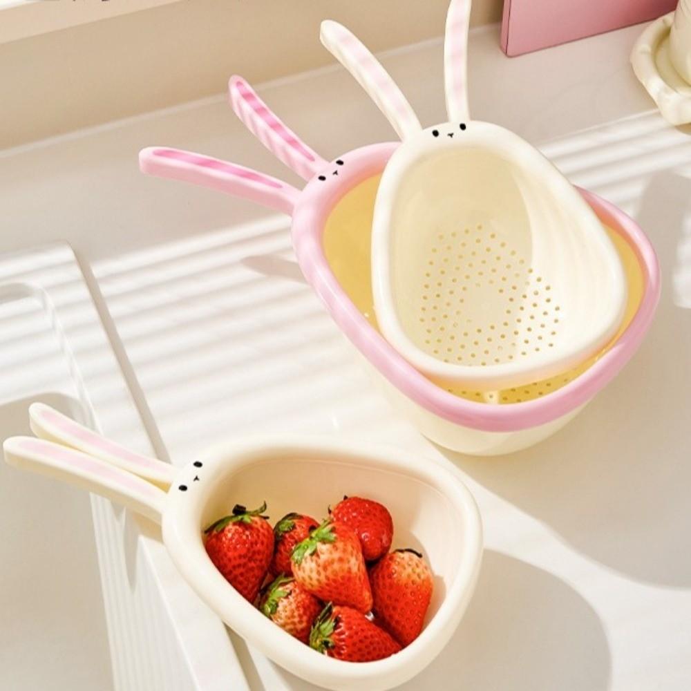 Practical Rabbit Shape Fruit Drain Basket Cute Cartoon Storage Basket Folding Handle Kitchen Colander Household Decor