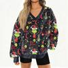 Women's Fashionable V-neck Christmas Printed Long Sleeved Casual Pullover Plush Warm Pocket Sweatshirt Top
