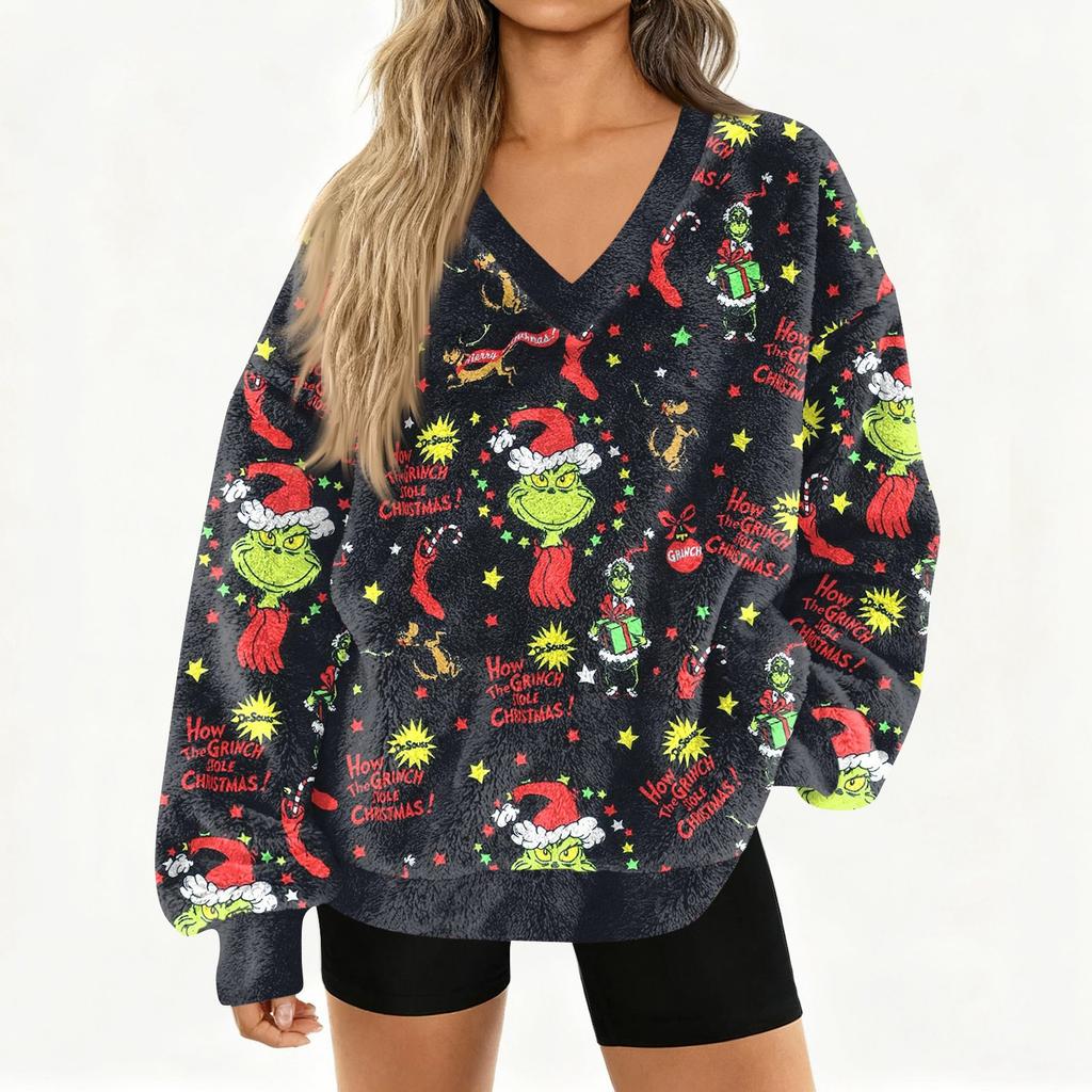 Women's Fashionable V-neck Christmas Printed Long Sleeved Casual Pullover Plush Warm Pocket Sweatshirt Top