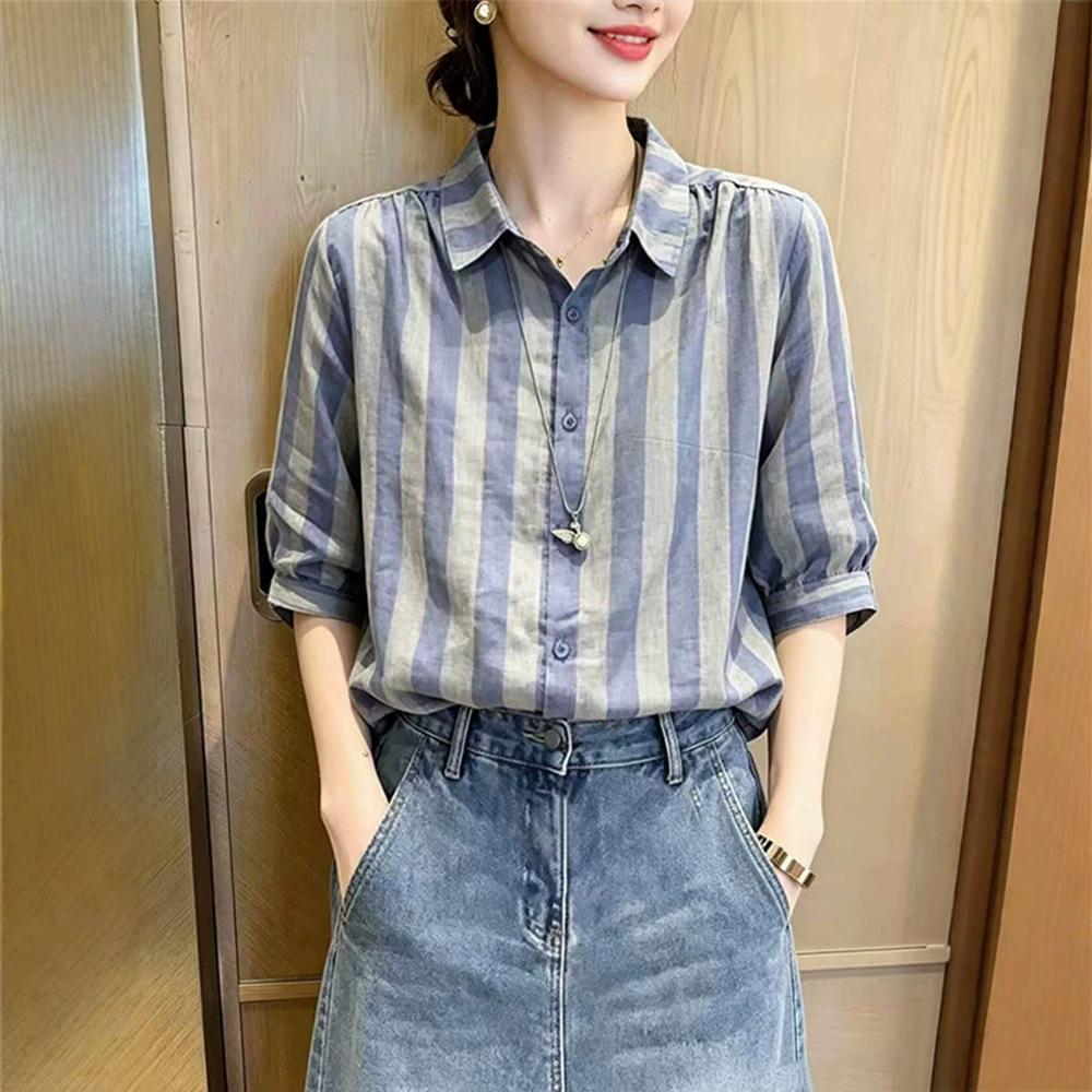 Striped Contrasting Color Lapel Mid-sleeved Shirt Women's Summer New Fashion and Thin Age-reducing Commuter Top A