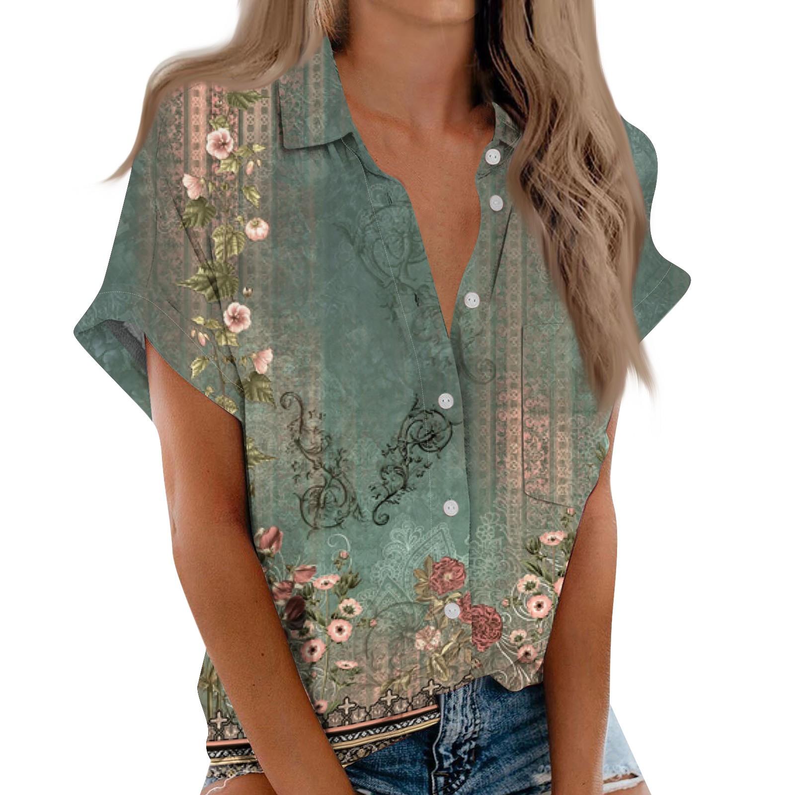 

Women s Short Sleeved Shirt, Daily Fashion Printed Button Top, Chest Pocket Cardigan XL зелёный