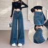 Women's High Waist Vintage Blue Wide Leg Jeans Non Stretch Seam Splicing Loose Straight Denim Trousers Plus Size Floor Length Casual Long Pants