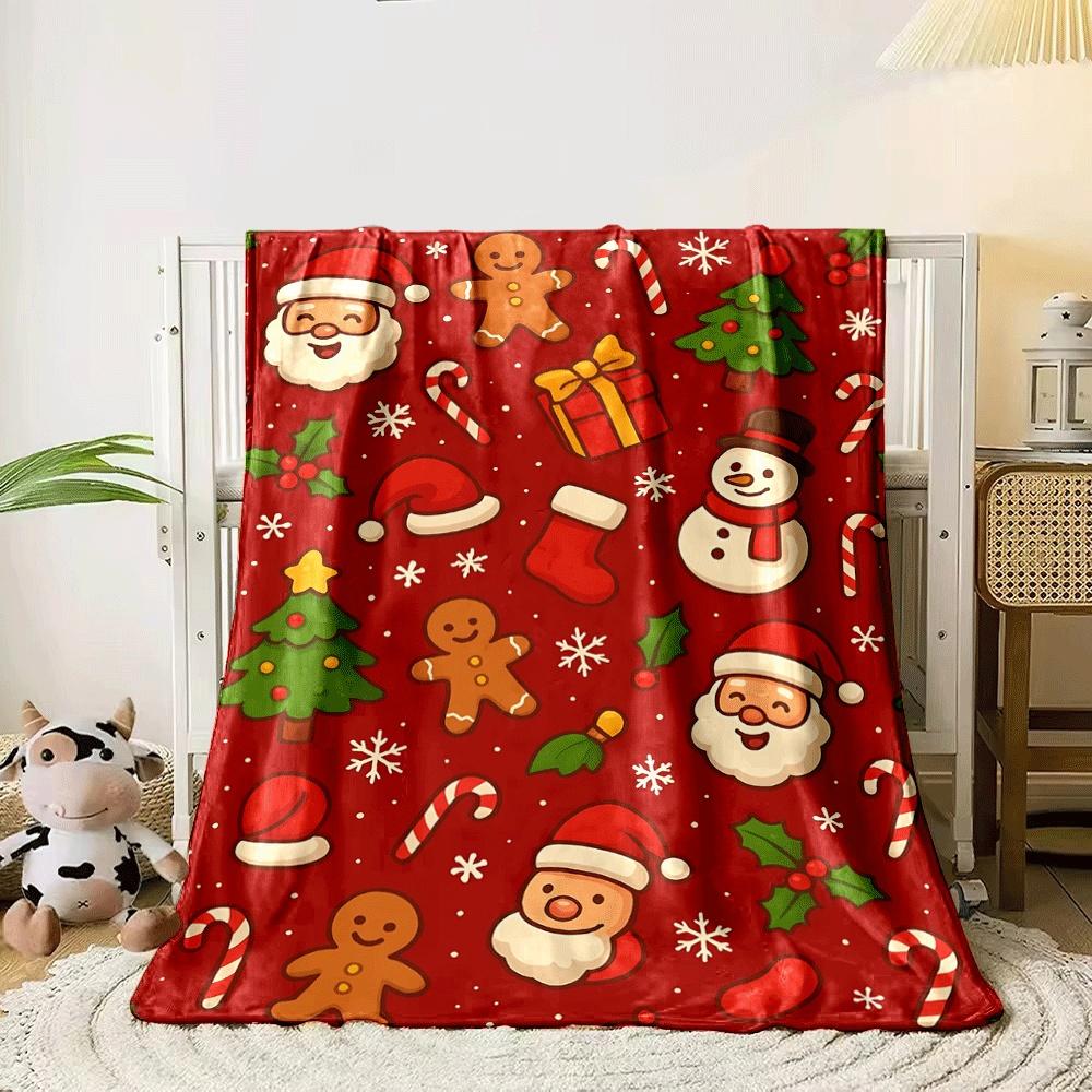 Festive Christmas-themed icons on a red backdrop with snowflakes. for all seasons blanket lunch break throw gift 80cm x 120cm