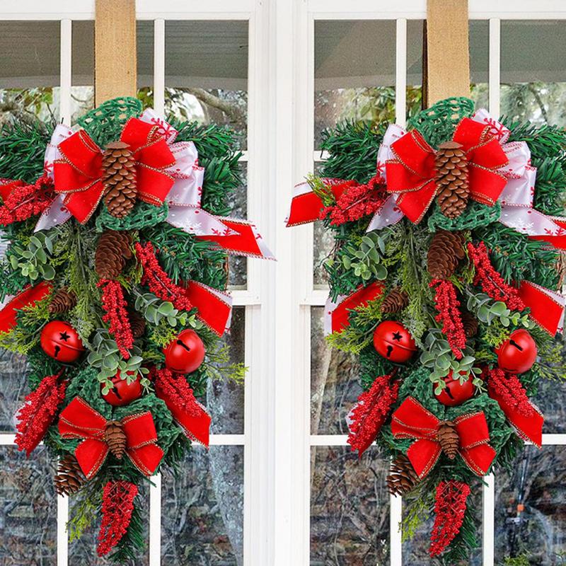 Christmas Wreaths for Front Door Decorative Handmade Door Garland Decorated With Bells Pine Cones Berries And Ribbons for Xmas