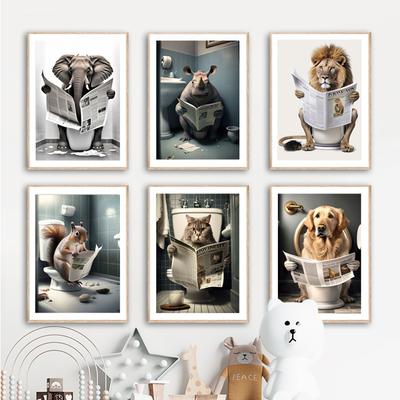 Αστεία διακόσμηση τοίχου μπάνιου Ζώα που κάθονται στην τουαλέτα και διαβάζουν μια αφίσα εφημερίδας Ελέφαντας Λιοντάρι Ρινόκερος Τέχνη εκτύπωσης σε καμβά