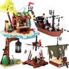 MOC Mittelalterliche Piratenbar Modellbausteine Set Papagei Blockhütte Inselhaus Lagerfeuer Baum Segelboot Schiff Steine Spielzeug Geschenk
