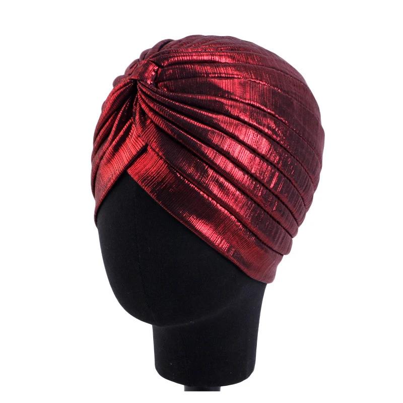 Nové dámské zlaté stříbrné turbanové čepice chemo bandana hidžáb plisovaná indická čepice turbante klobouk dámský šátek na vlasy muslimská pokrývka hlavy