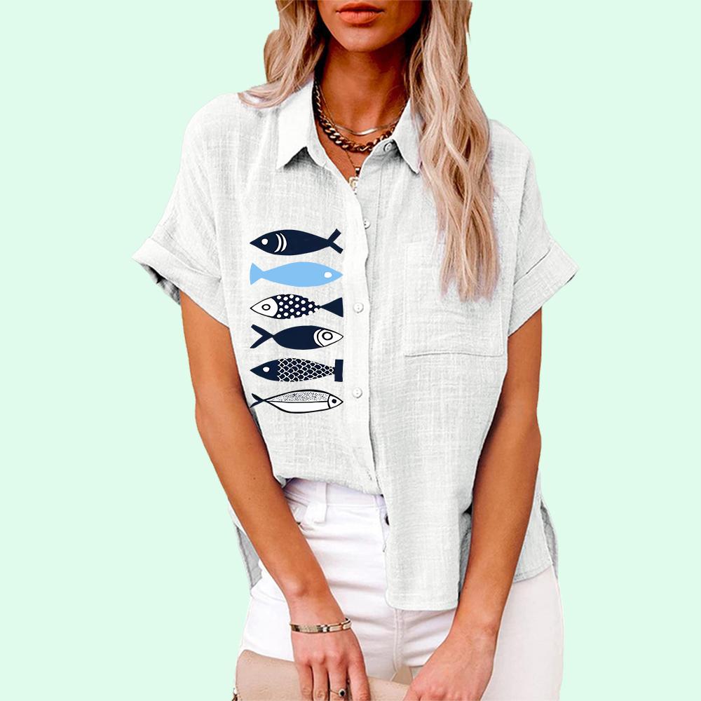 Plus Size Women Fashion Print Blouse Loose Buttoned Short Sleeve Shirt Ladies Casual Linen T-shirt Ladies