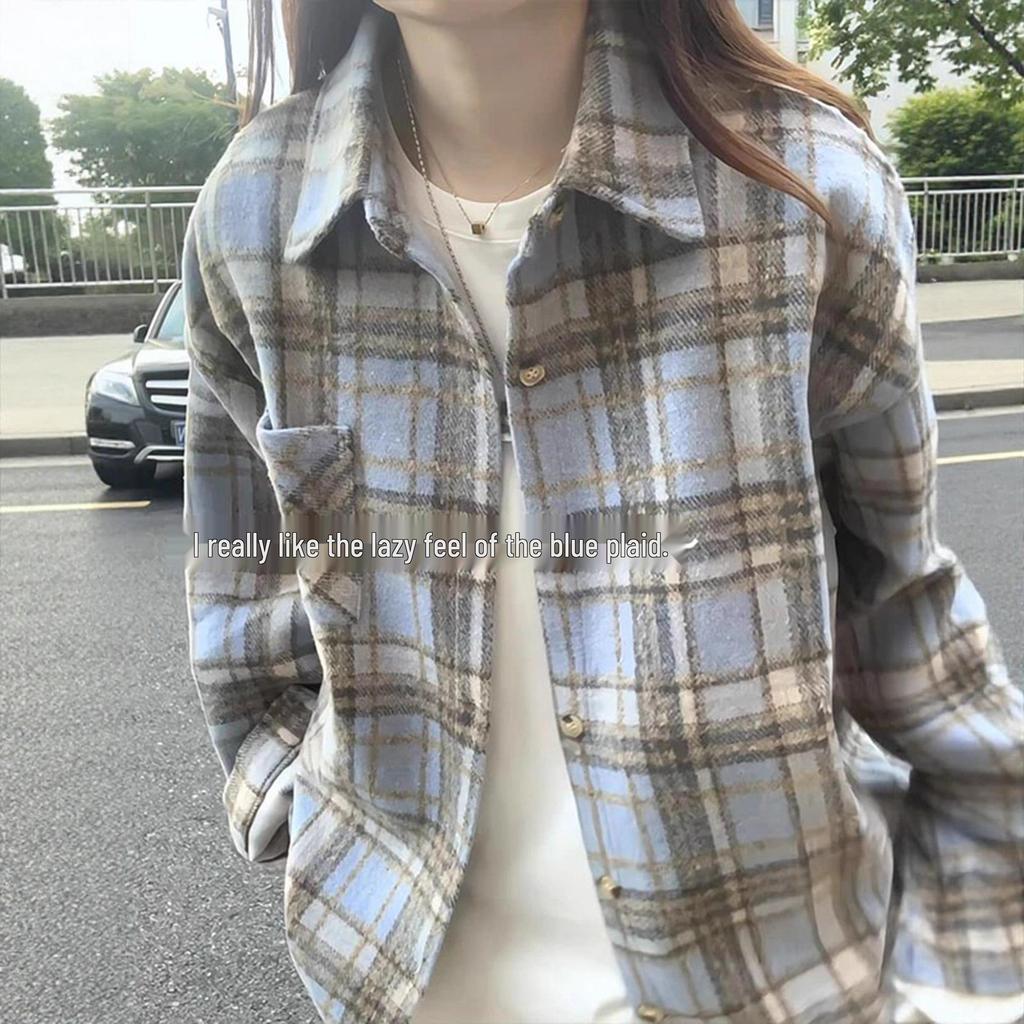 Women's Retro Red Plaid Brushed Shirt Jacket - Long Sleeve Casual Top for Autumn/Winter