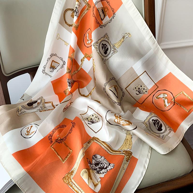 Foulard in raso di seta con stampa a catena da 70 cm per donna, fazzoletto stampato, bandana quadrata da testa per donna, scaldacollo piccolo, Hijab, signora, ragazza