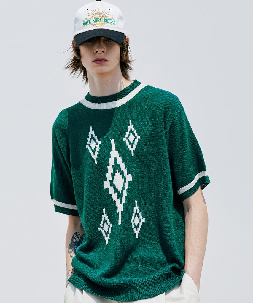KND Navajo Pattern Loose Fit Ringer Half Knit Peacock Green