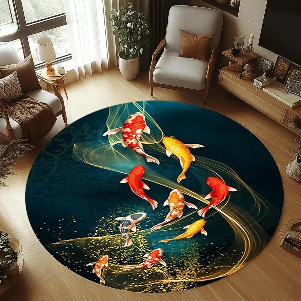 Round Area Rugs Two Koi Fish Oriental Art Floor Mat Carpet Non-Slip Machine Washable Kids Play Living Room Hall Bedroom