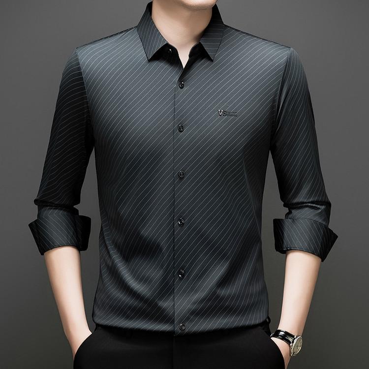 Light Luxury Long-Sleeve Shirt Striped Men'S Shirt, Spring/Autumn Business Casual Versatile Loose Middle-Aged Shirt Men'S Wear