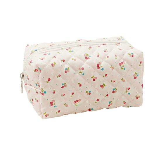 Cute Cherry Makeup Pouch Small Quilted Cosmetic Organizer Aesthetic Puffy Travel Toiletry Bag Cotton Pencil Purse with Zipper for Women Girls