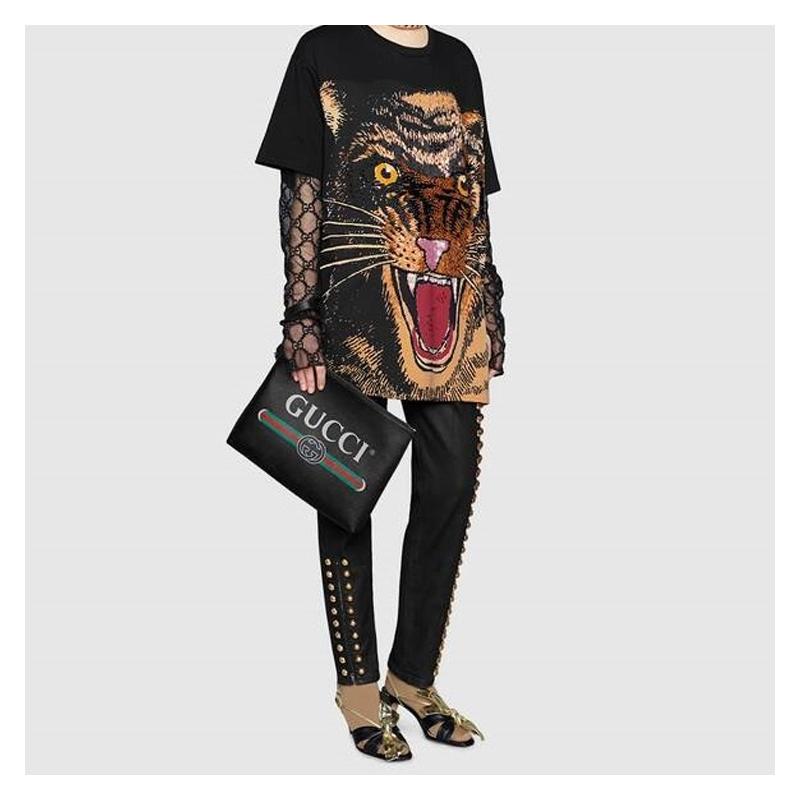 Gucci Print Retro Logo Print Wristband Leather Clutch Unisex Black