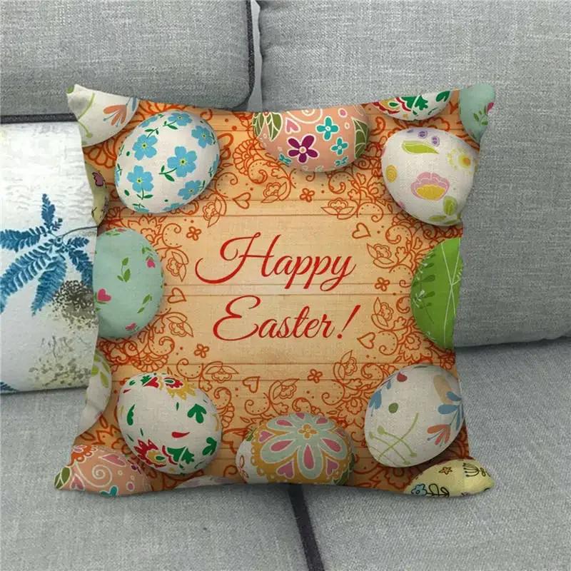 Easter Cushion Cover Cute Bunny Eggs Printed Pillow Covers 18x18 Inches Easter Decorations Hare Rabbit Flower Linen Pillowcase