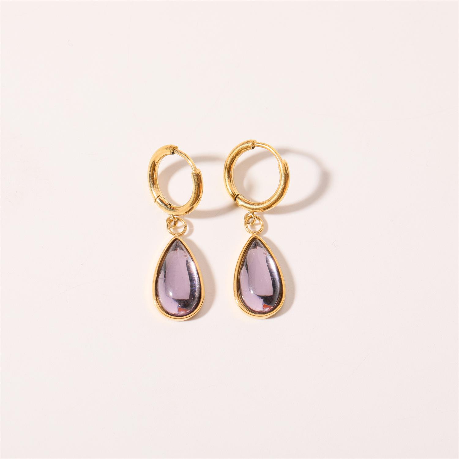 Retro French Minimalist Temperament Water Drop Twelve Birthday Stone Earrings Titanium Steel Stainless Steel Gold-Plated Women