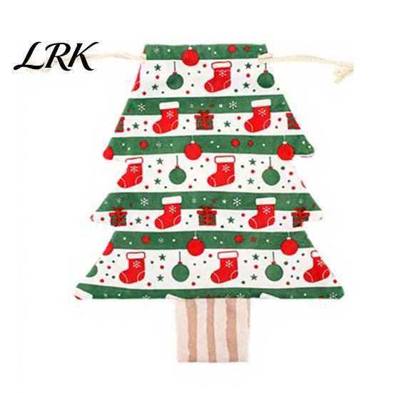 Flannel Christmas Decorations Tree Shaped Drawstring Gift Bags, Xmas Hanging Treat Sacks, Seasonal Home Decor Holiday Candy Small Storage Pouches for