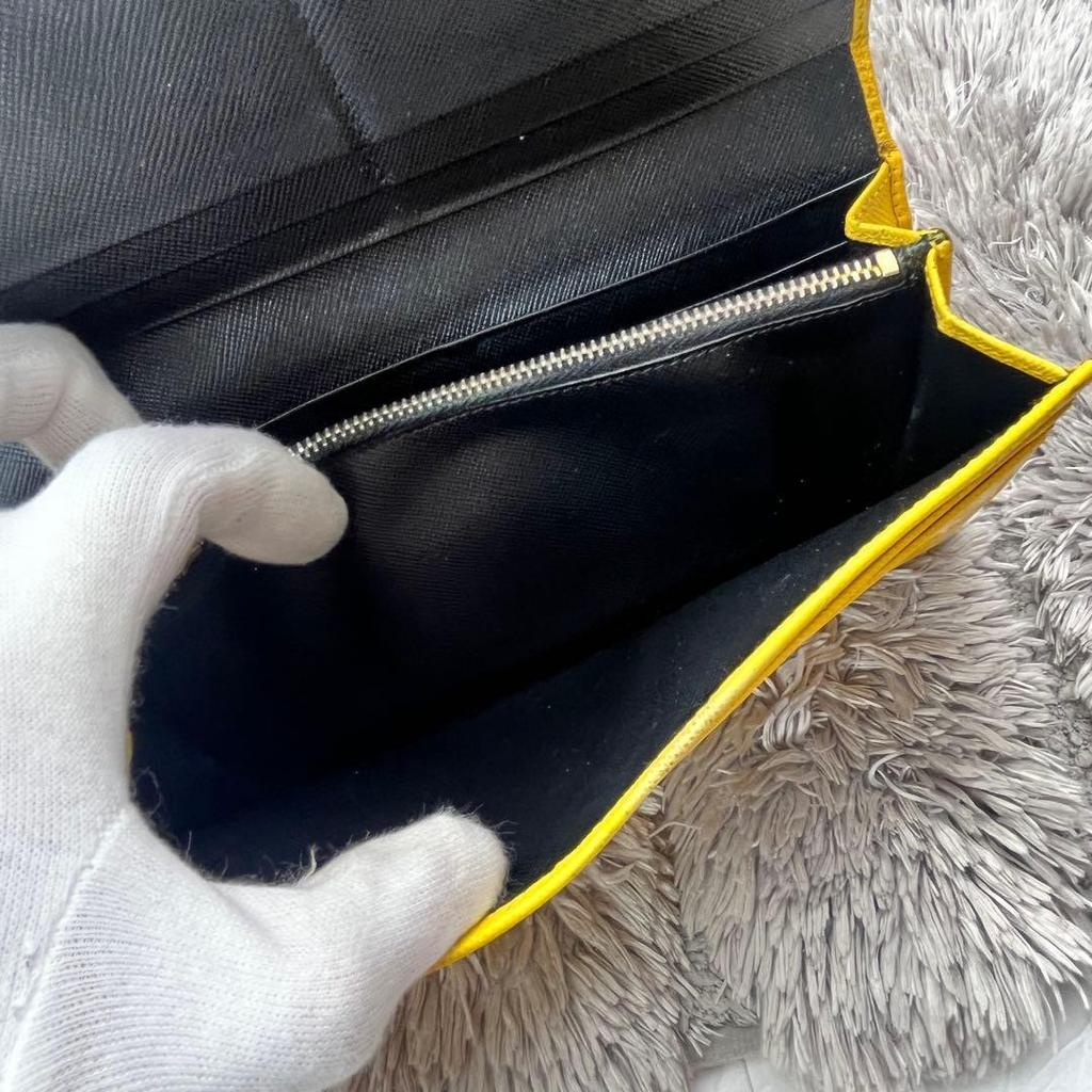 Used PRADA Saffiano Bicolor Yellow Black Metal Logo Long Wallet