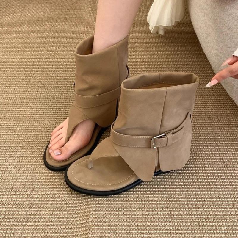 Soft Leather French Toe Post Sandals Women's Summer New Flat Boot Loose Tube Short Boots Roman Style Micro Fiber Shoes