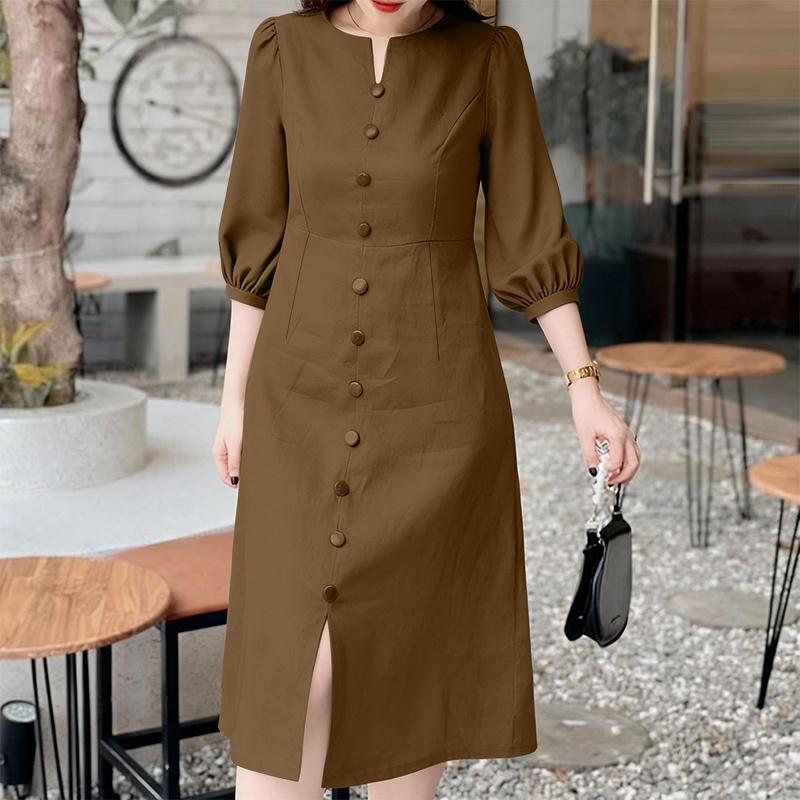 ZANZEA Women Casual V-Neck Solid Color 3/4 Sleeve Retro Dress