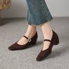 Krazing Pot Sheep Suede Square Toe Med Heels Summer Shoes Big Size 42 Crystal Buckle Women Shallow Pumps